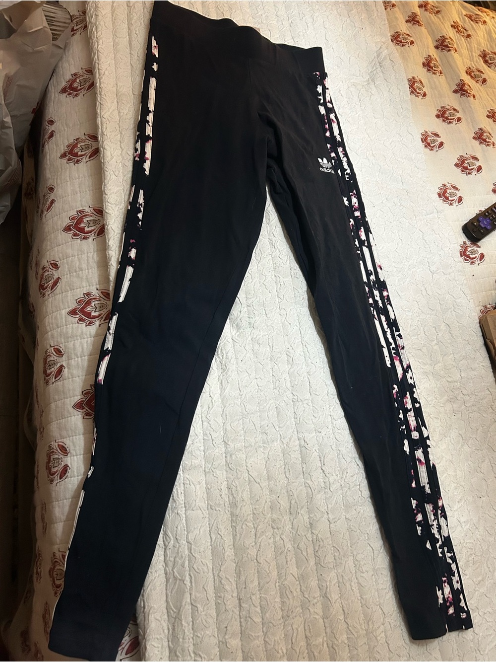 adidas Black Leggings with White & Pink Side Graphic Stripes